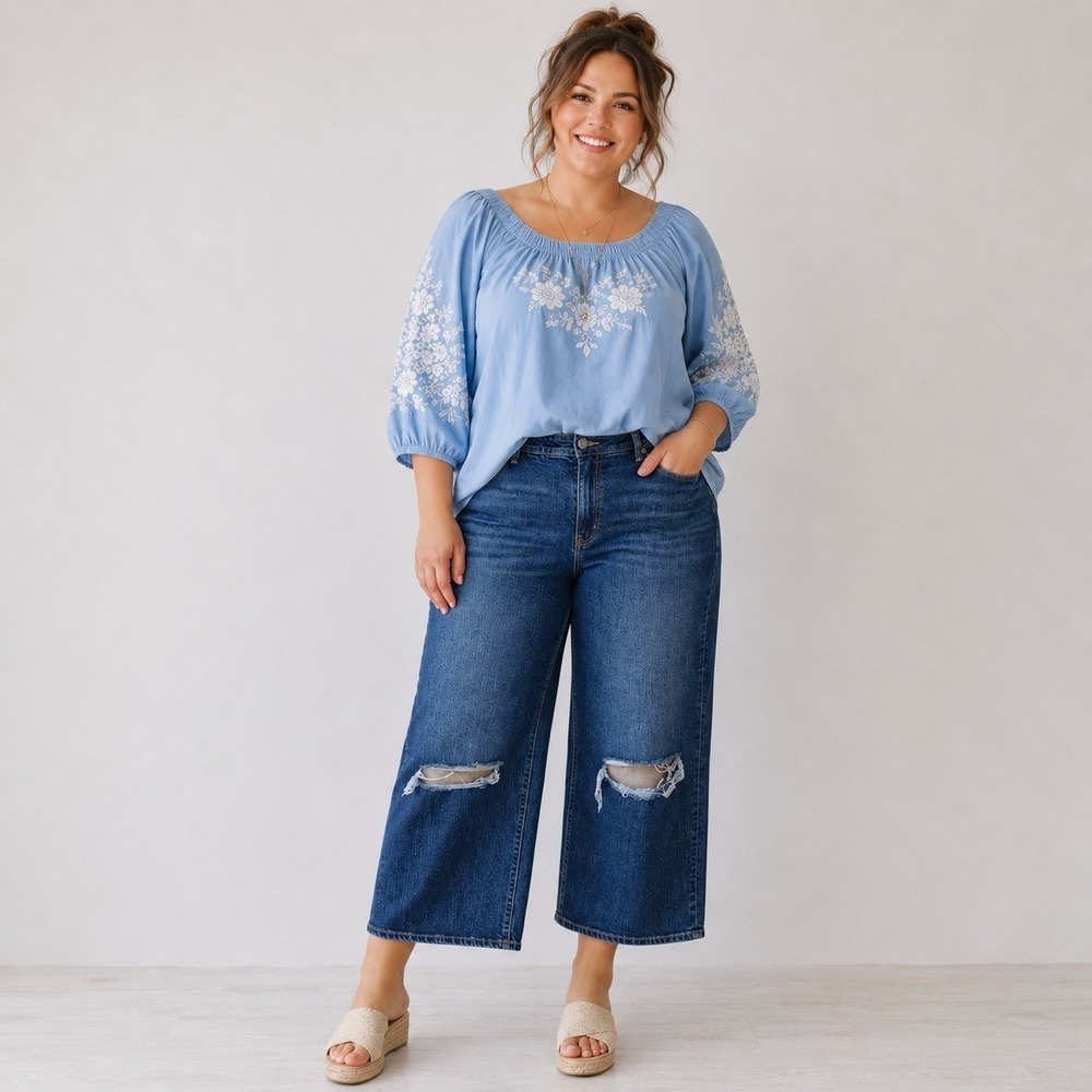 Torrid Wide Leg Cropped Jeans 26R Blue Dark Distressed Everyday Casual Comfort